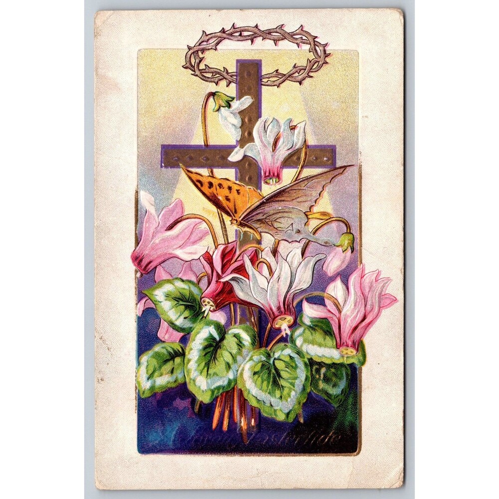 Postcard Antique Eastertide Crown of Thorns Cross Flowers Embossed Unpost c1910s